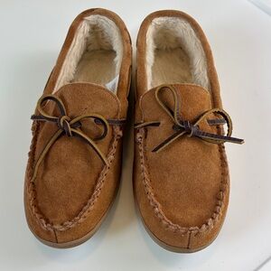 J.Crew Tan Leather Slippers Moccasin Faux Fur Lined Size 10 Men  Cozy